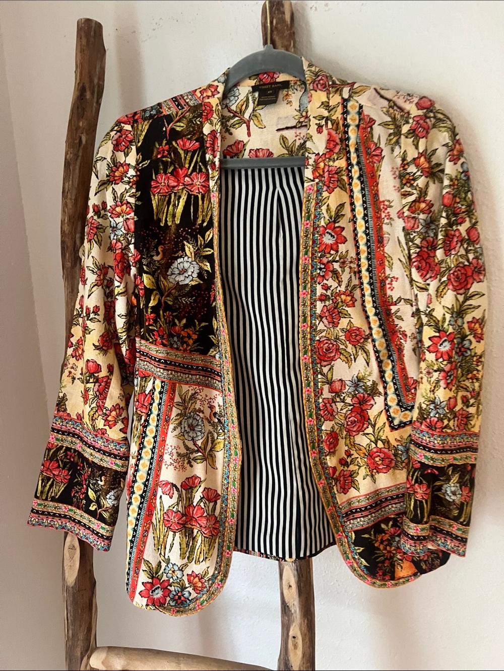 Vineet Bahl Floral Patchwork Open-Front Boho Cotton Linen Blazer Cream Coral XS